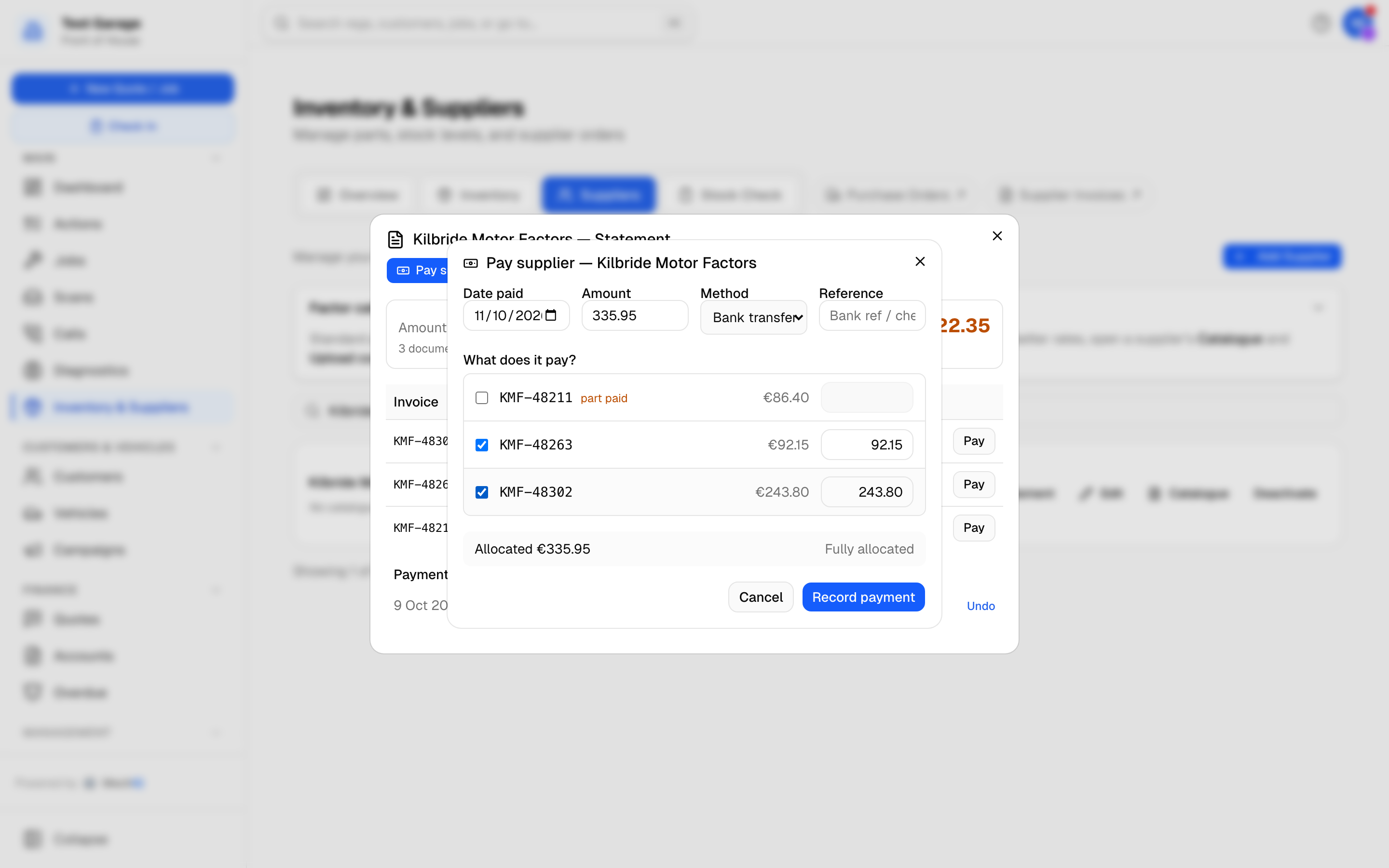 The Pay supplier screen over the supplier's statement: date paid, amount, method and reference at the top, then the supplier's open bills with two ticked and their amounts filled in, and the total fully allocated