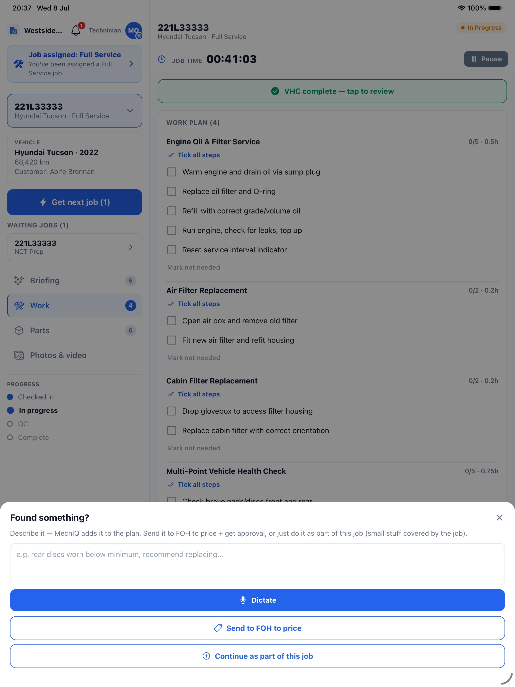 MechIQ technician app: a tech flags extra work found mid-job and sends it to the front desk to price and get customer approval, without leaving the bay