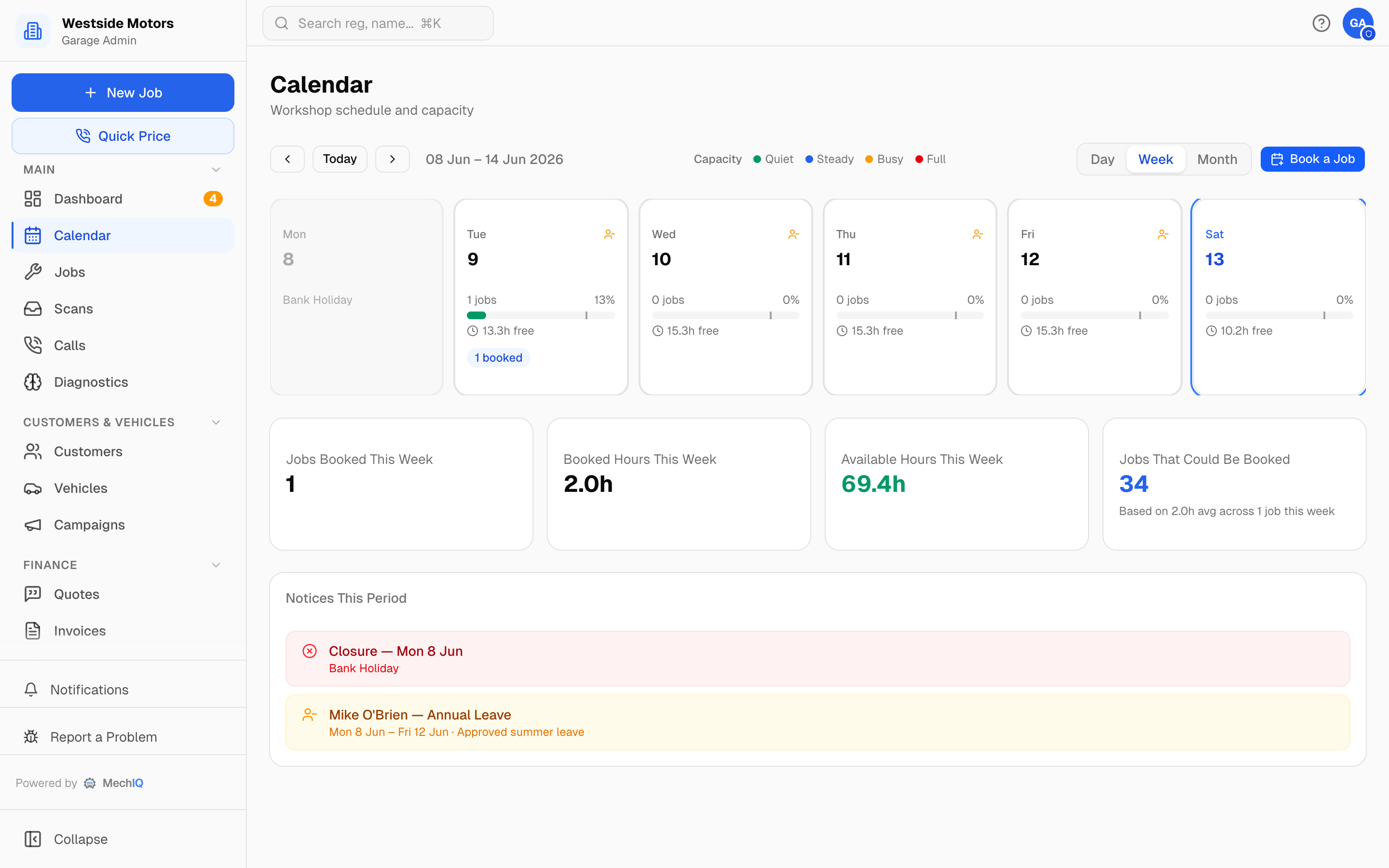 MechIQ scheduling and bay planning calendar for an automotive workshop
