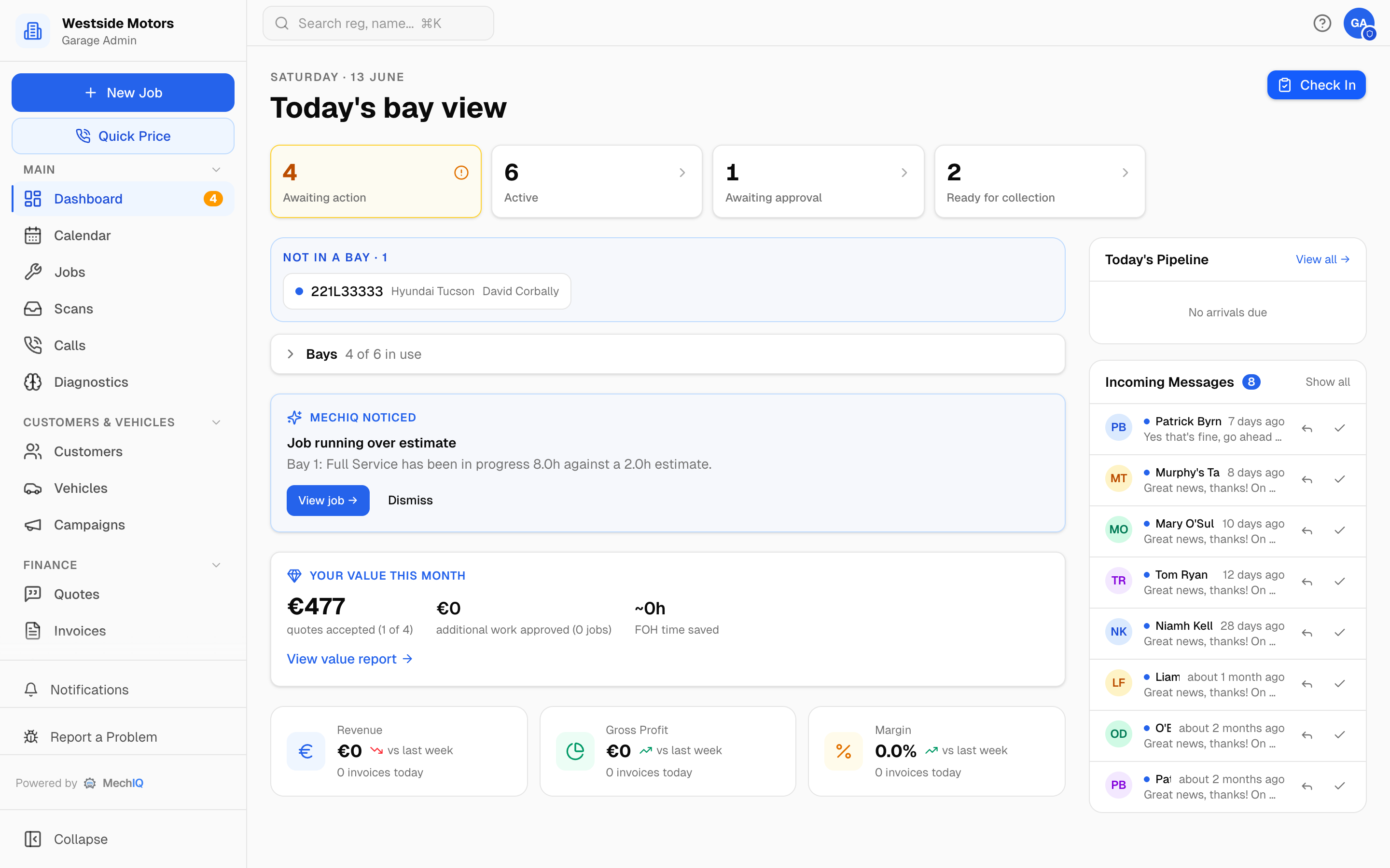 Garage management software dashboard for an Irish workshop, showing the day's bays, jobs awaiting action and profit this month