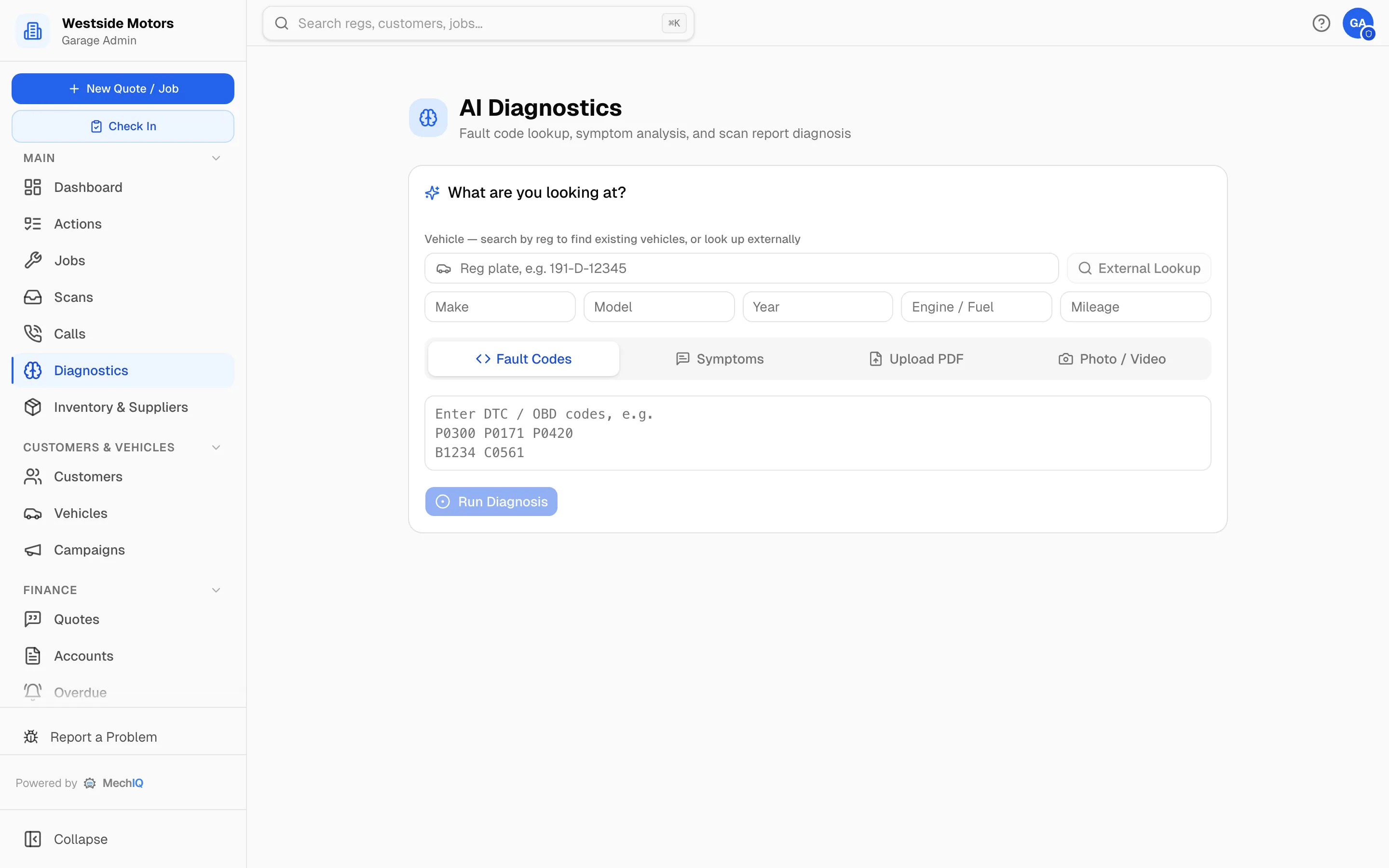 MechIQ AI diagnostics screen offering four ways to diagnose a vehicle fault: fault codes, symptom description, scan report upload, or a photo