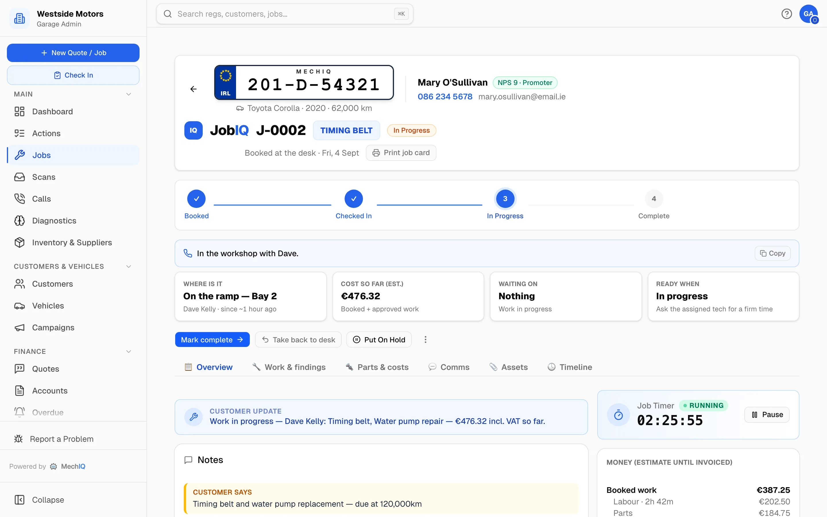 MechIQ job detail with the live status pipeline, job timer, vehicle history, and customer tracking link
