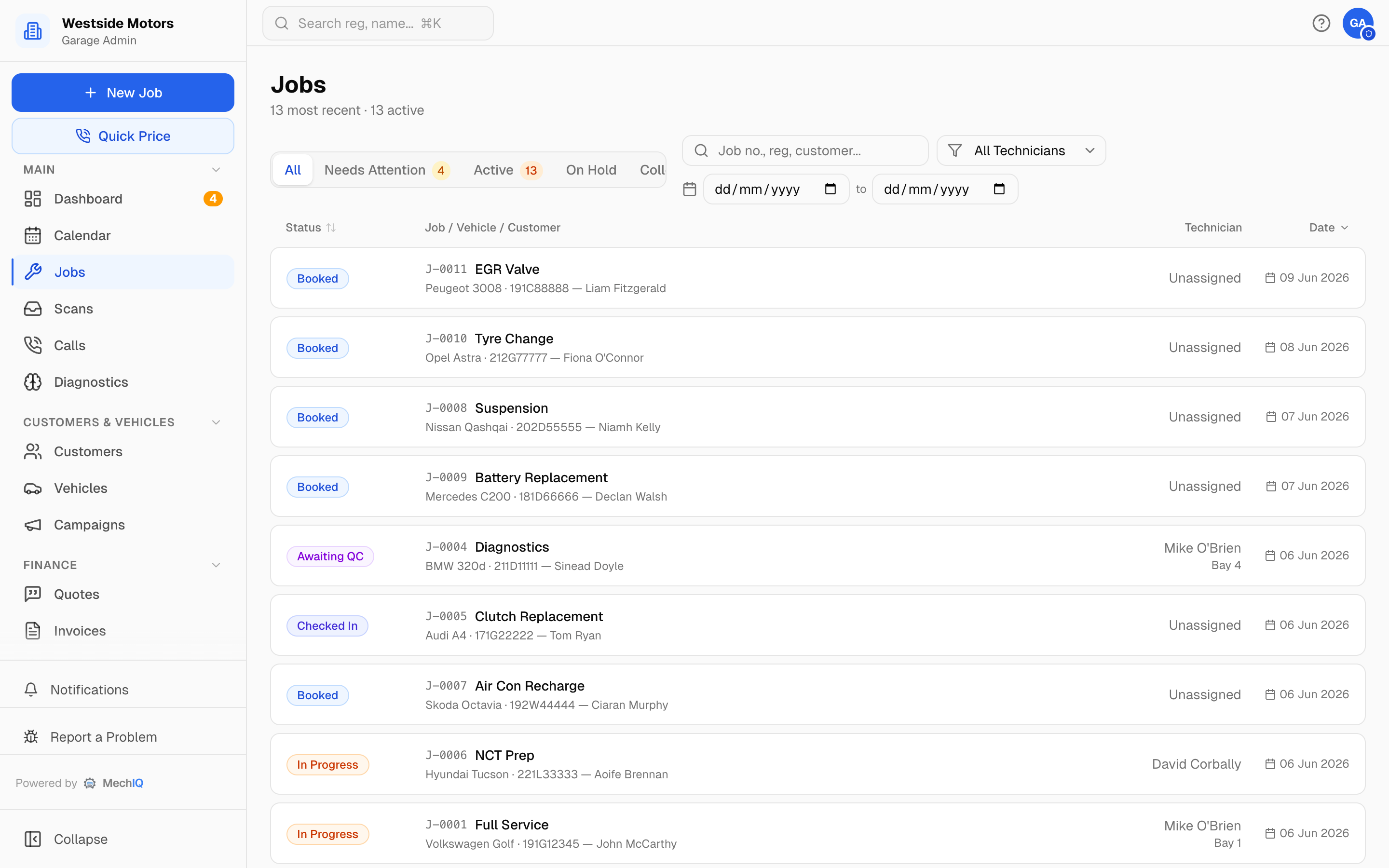 Garage management software job board for a UK workshop tracking every live job by status, technician and bay