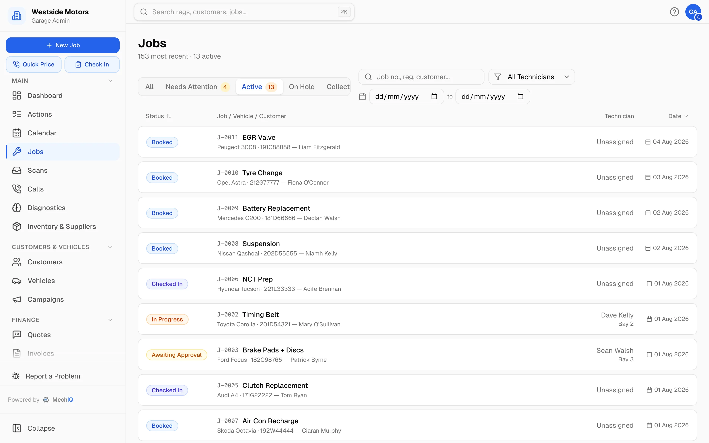 Garage management software job board for a UK workshop tracking every live job by status, technician and bay