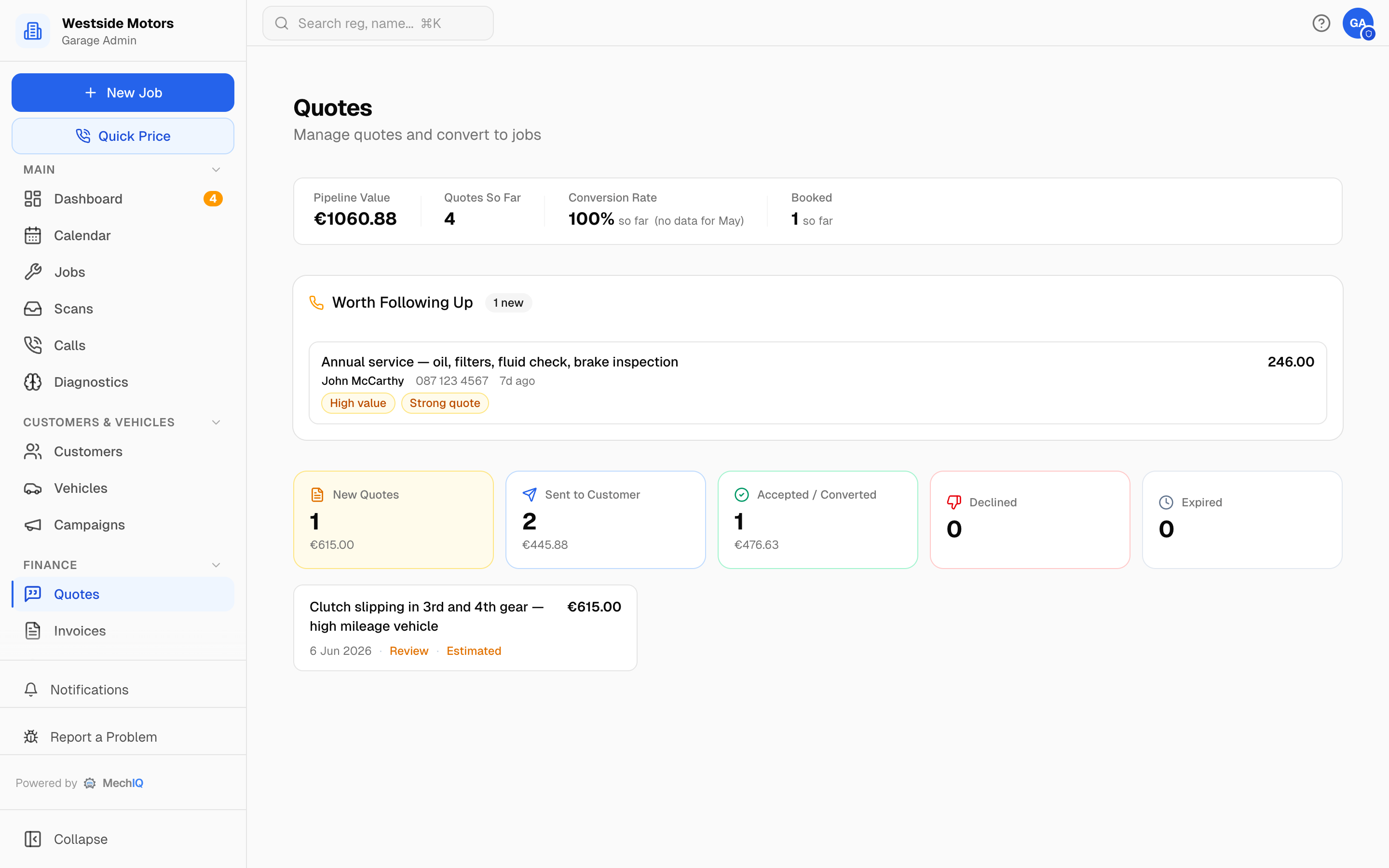 MechIQ AI quoting screen generating a full customer quote with parts and labour, an alternative to manual GarageHive quoting
