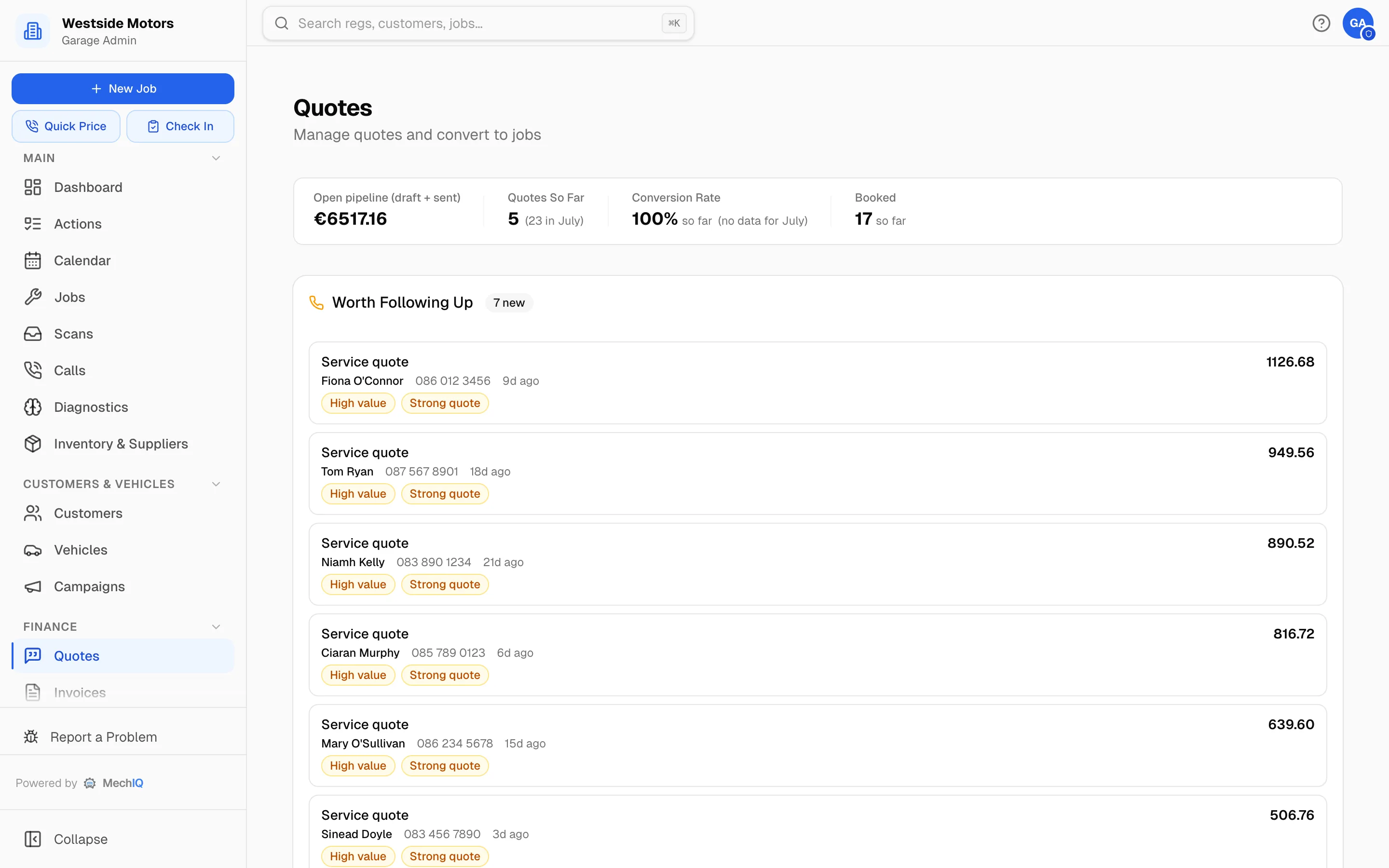 Garage invoicing software showing an itemised quote with parts and labour lines that becomes the customer invoice