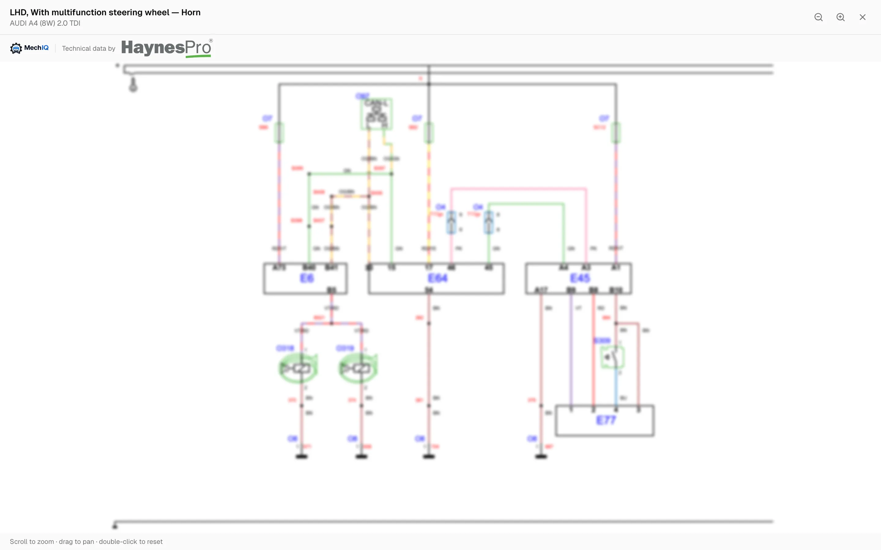 A horn circuit wiring diagram for an Audi A4, open full screen in MechIQ